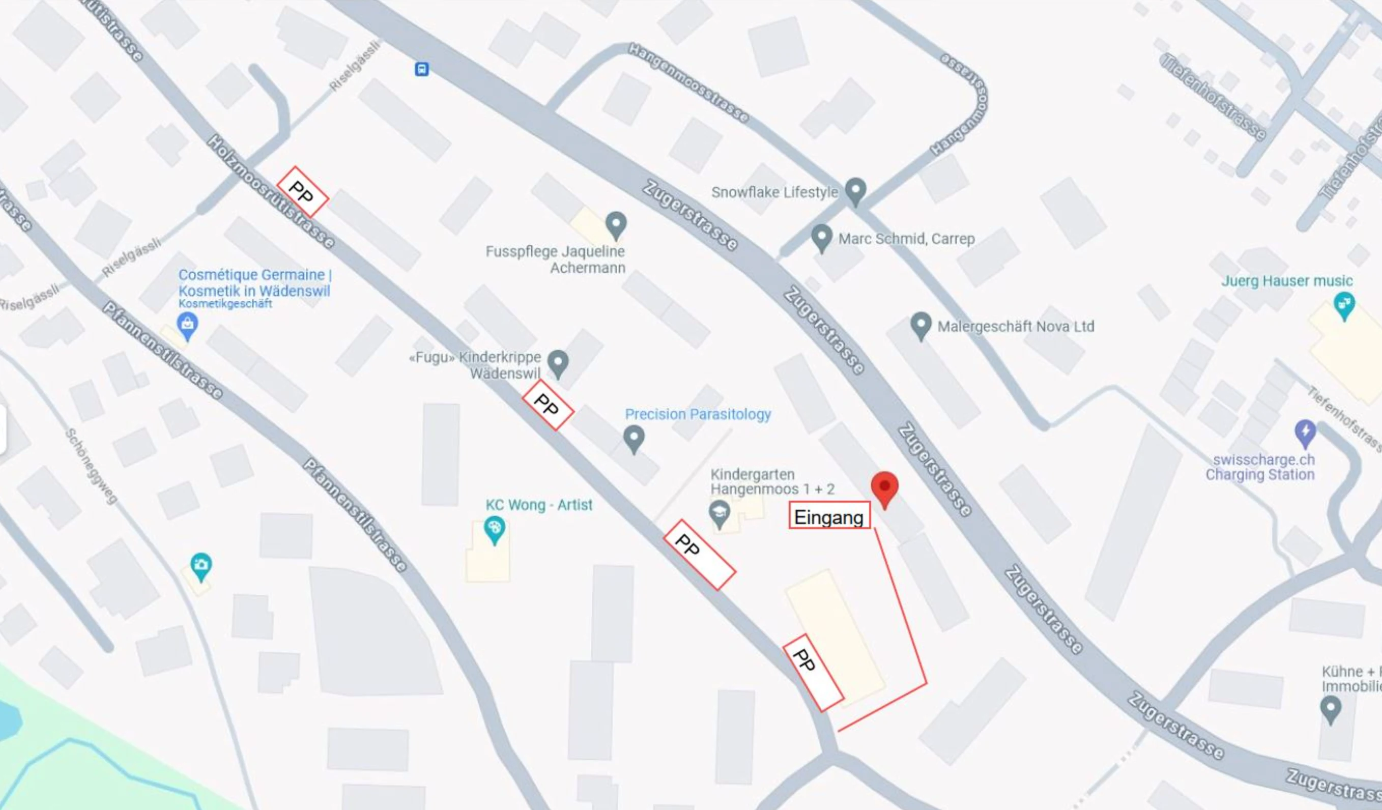 Anfahrtsplan zum Massage Zentrum Richterswil an der Holzmoosrütistrasse 10B mit markierten Parkplätzen (PP) und Eingang